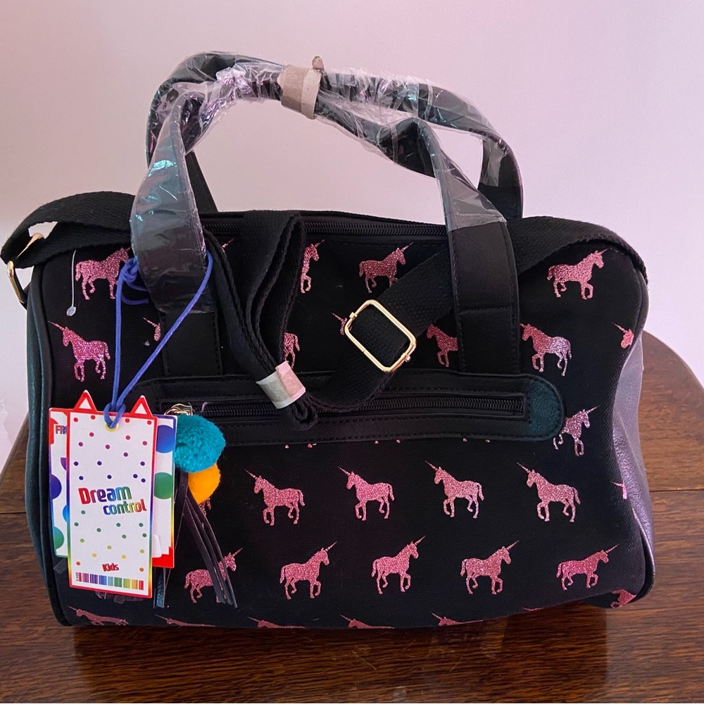 Black Canvas Tote Bag with Pink Unicorns